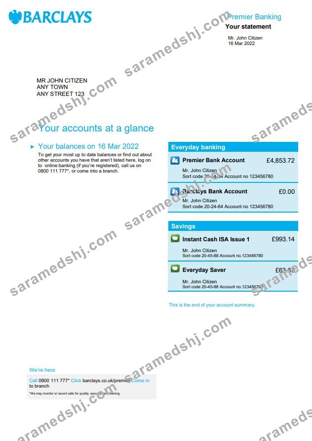United Kingdom Barclays bank statement, Word and PDF template, 4 pages, version 2